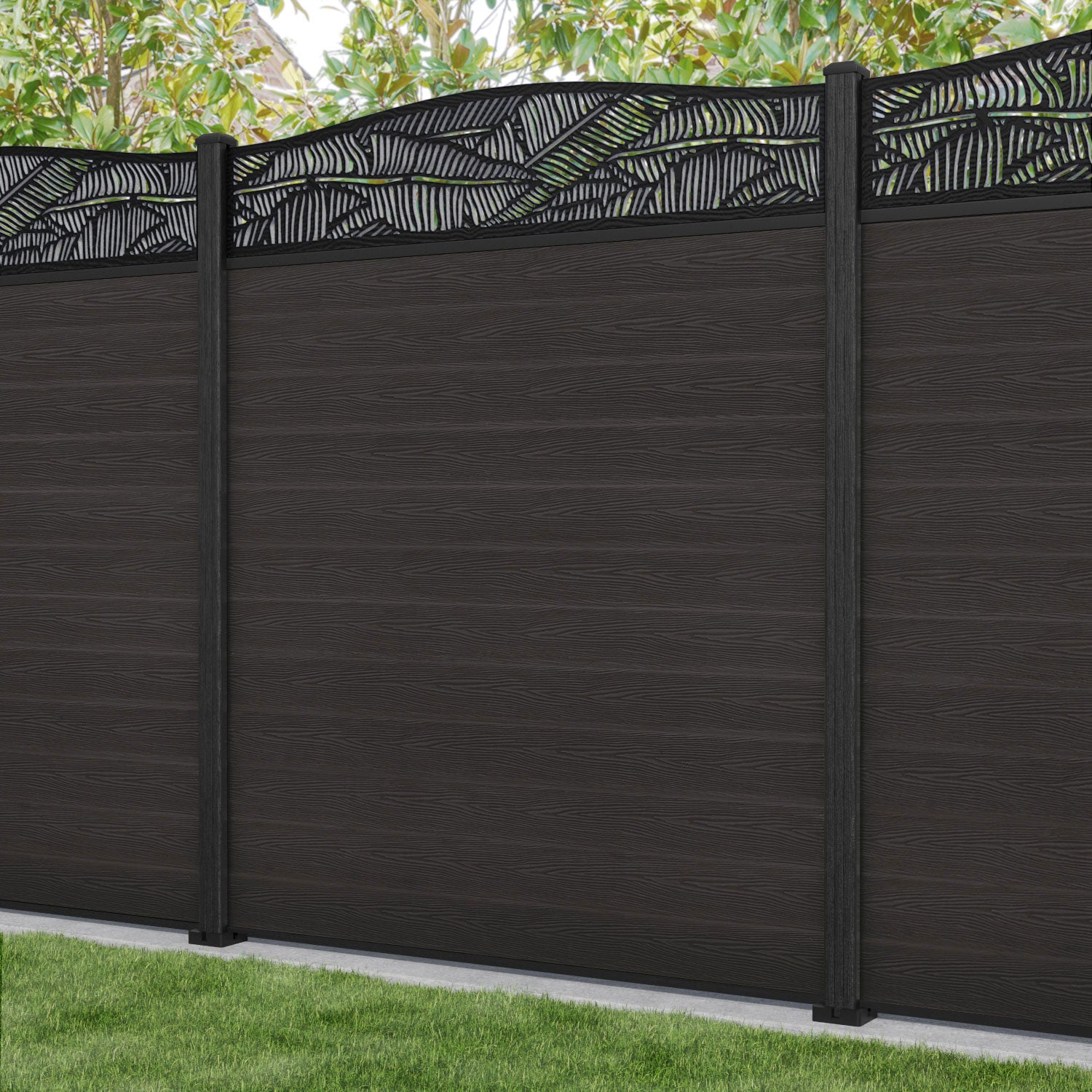 Classic Feather Curved Top Fence Panel - Dark Oak - with our composite posts