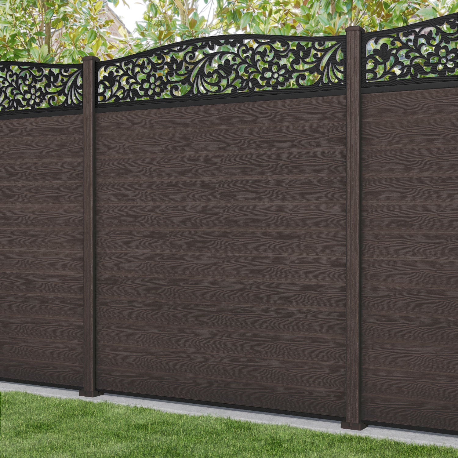 Classic Eden Curved Top Fence Panel - Mid Brown - with our composite posts
