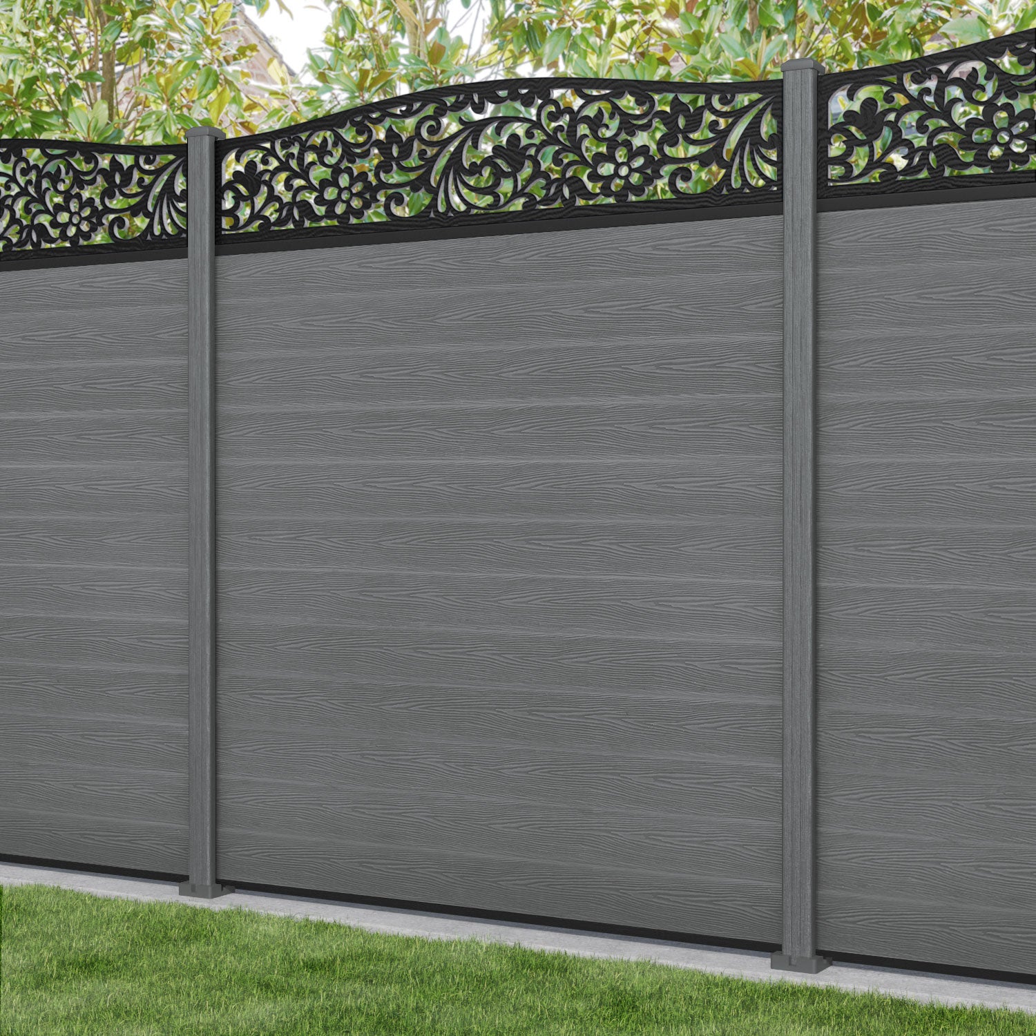 Classic Eden Curved Top Fence Panel - Mid Grey - with our composite posts