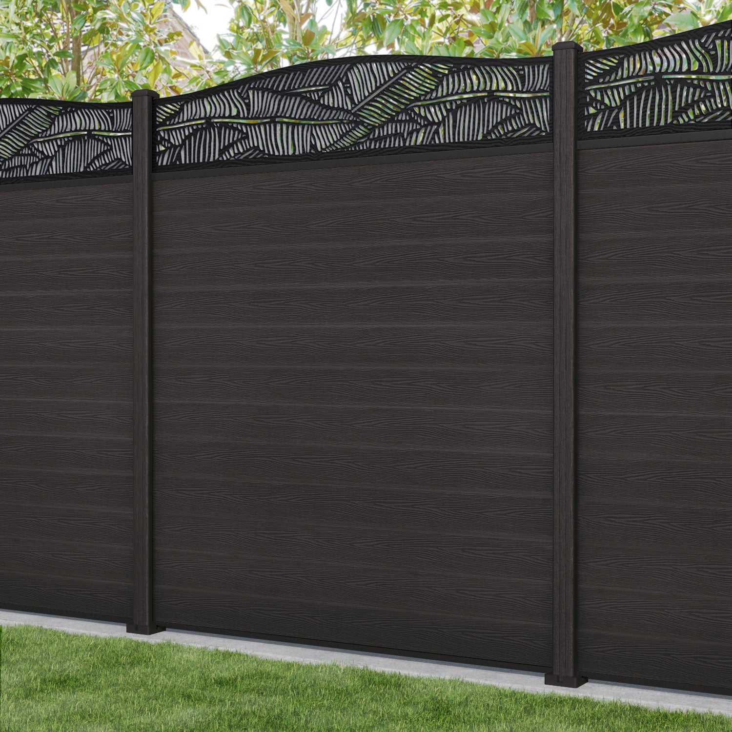 Classic Feather Curved Top Fence Panel - Dark Oak - with our composite posts