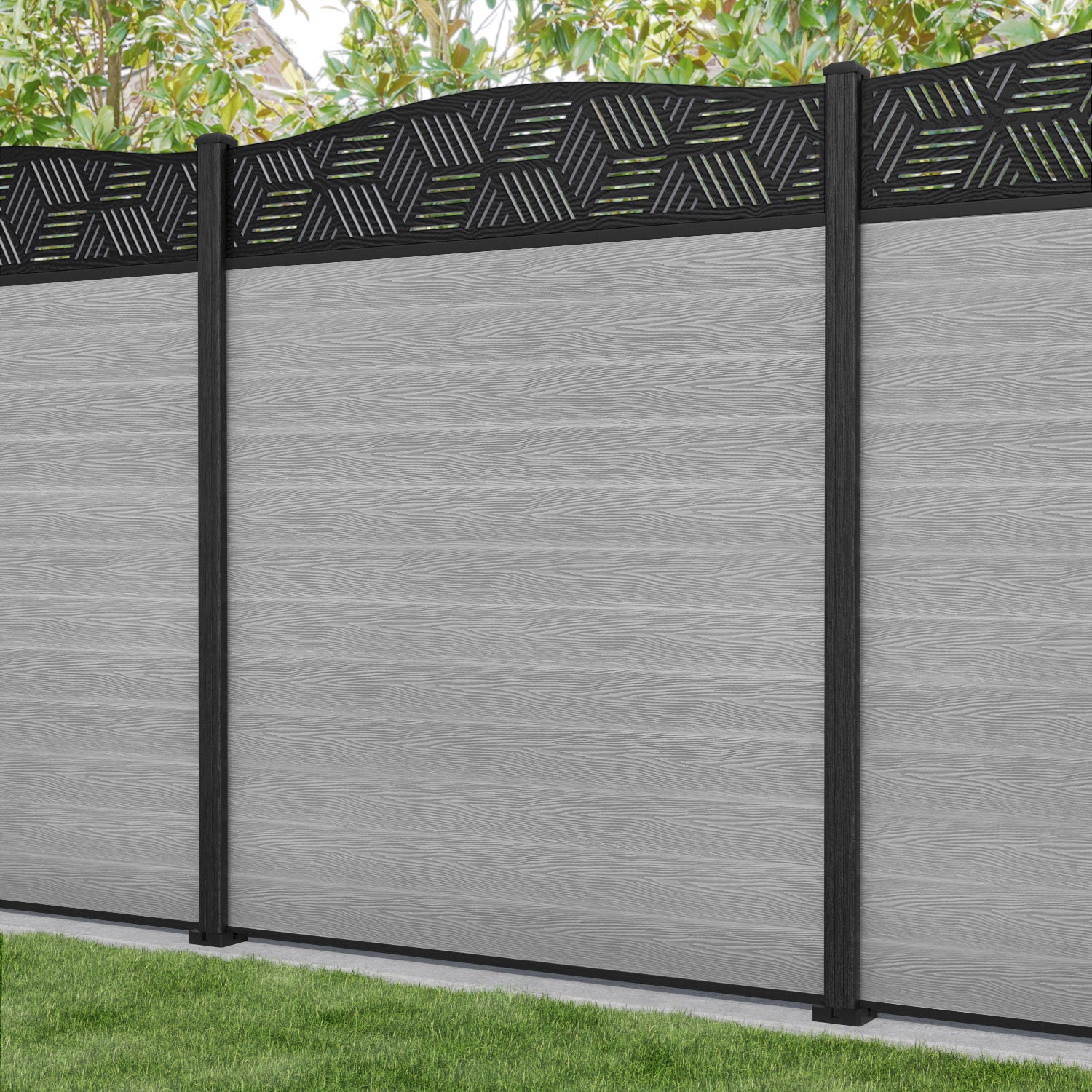 Classic Cubed Curved Top Fence Panel - Light Grey - with our composite posts