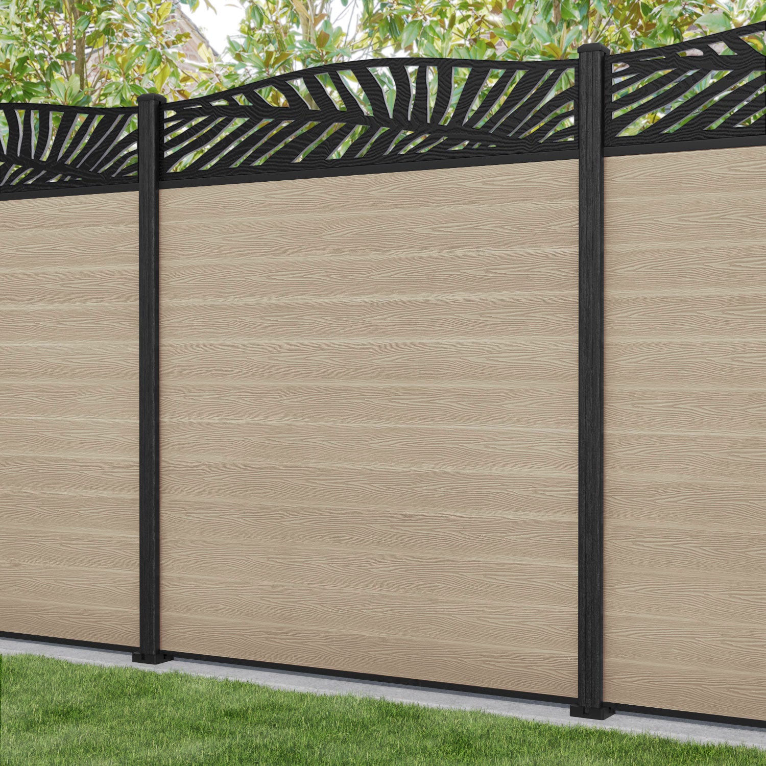 Classic Palm Curved Top Fence Panel - Light Oak - with our composite posts