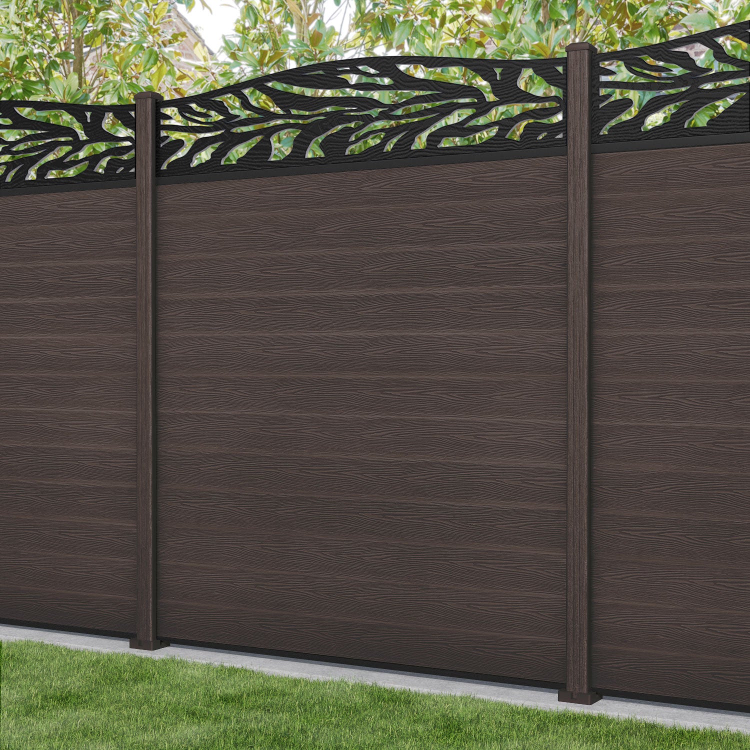 Classic Malawi Curved Top Fence Panel - Mid Brown - with our composite posts