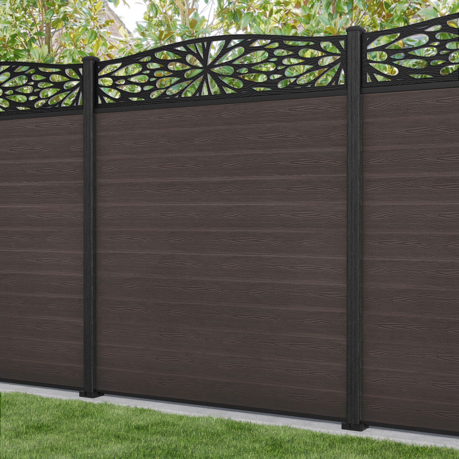 Classic Blossom Curved Top Fence Panel - Mid Brown - with our composite posts