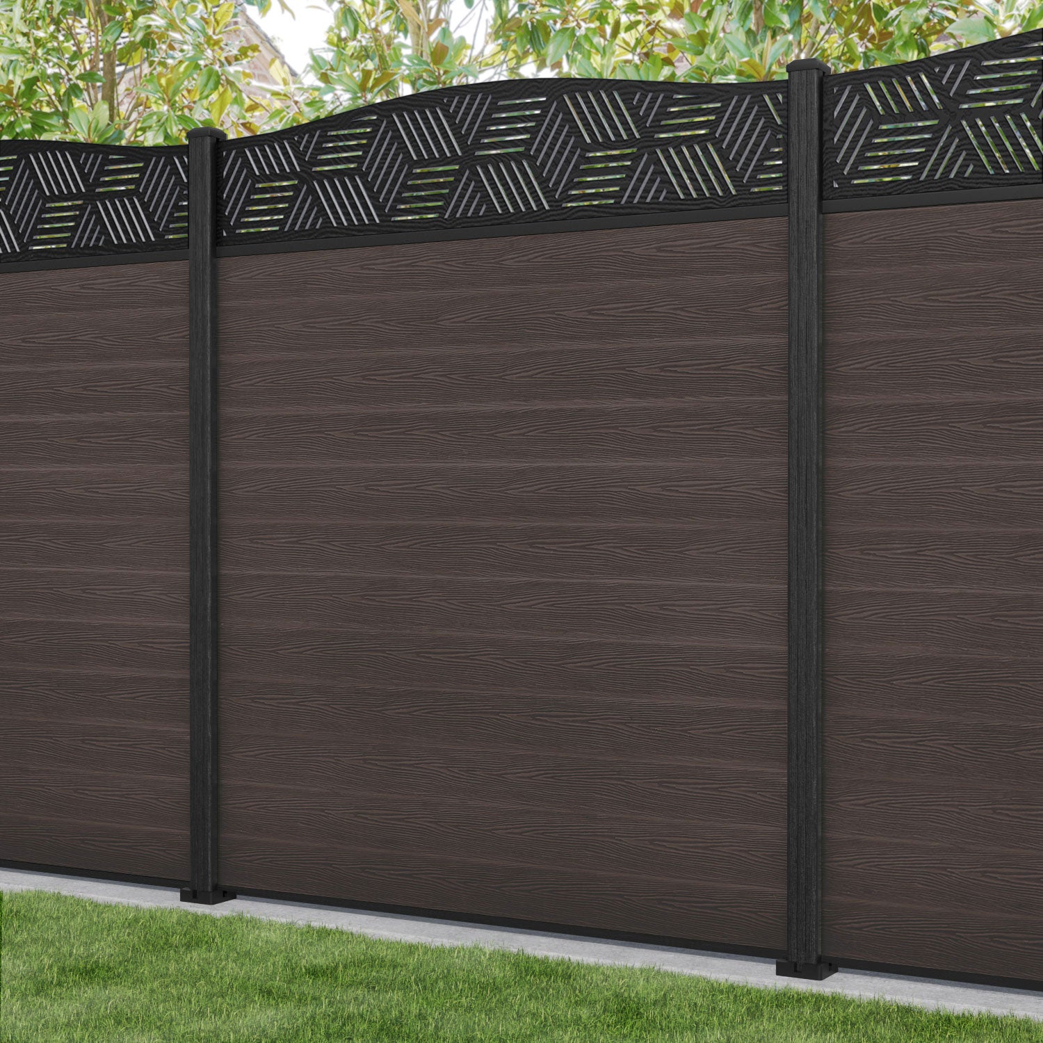 Classic Cubed Curved Top Fence Panel - Mid Brown - with our composite posts