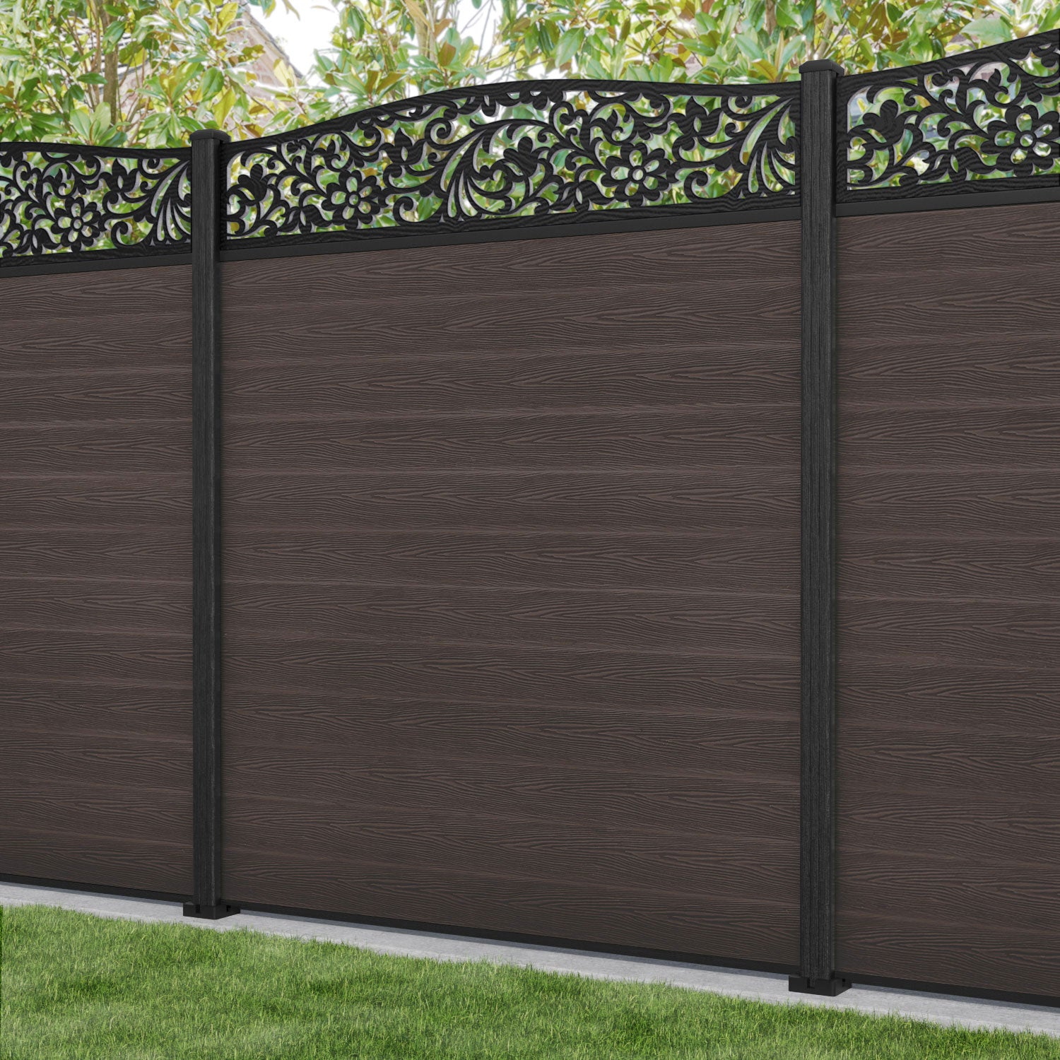 Classic Eden Curved Top Fence Panel - Mid Brown - with our composite posts