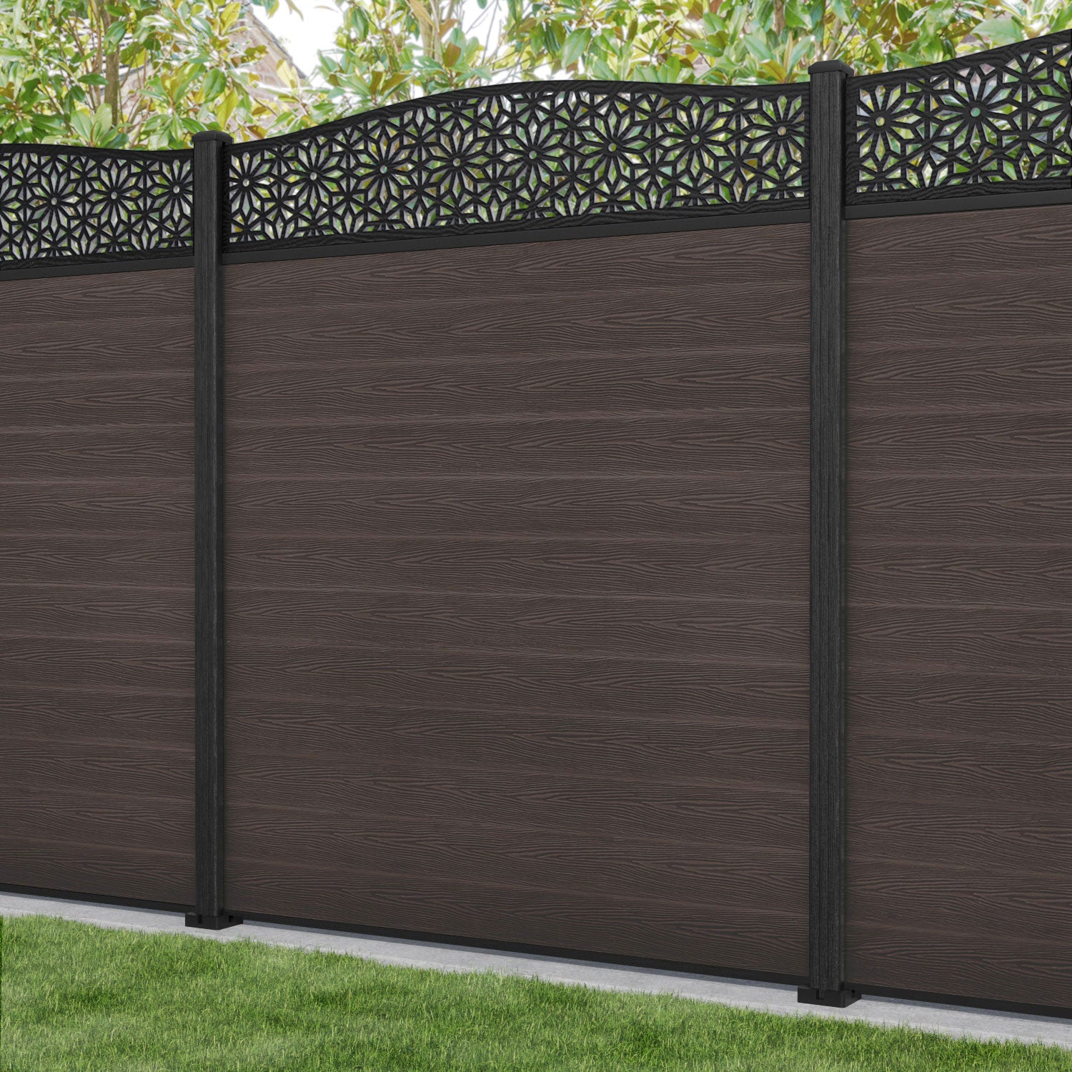 Classic Narwa Curved Top Fence Panel - Mid Brown - with our composite posts