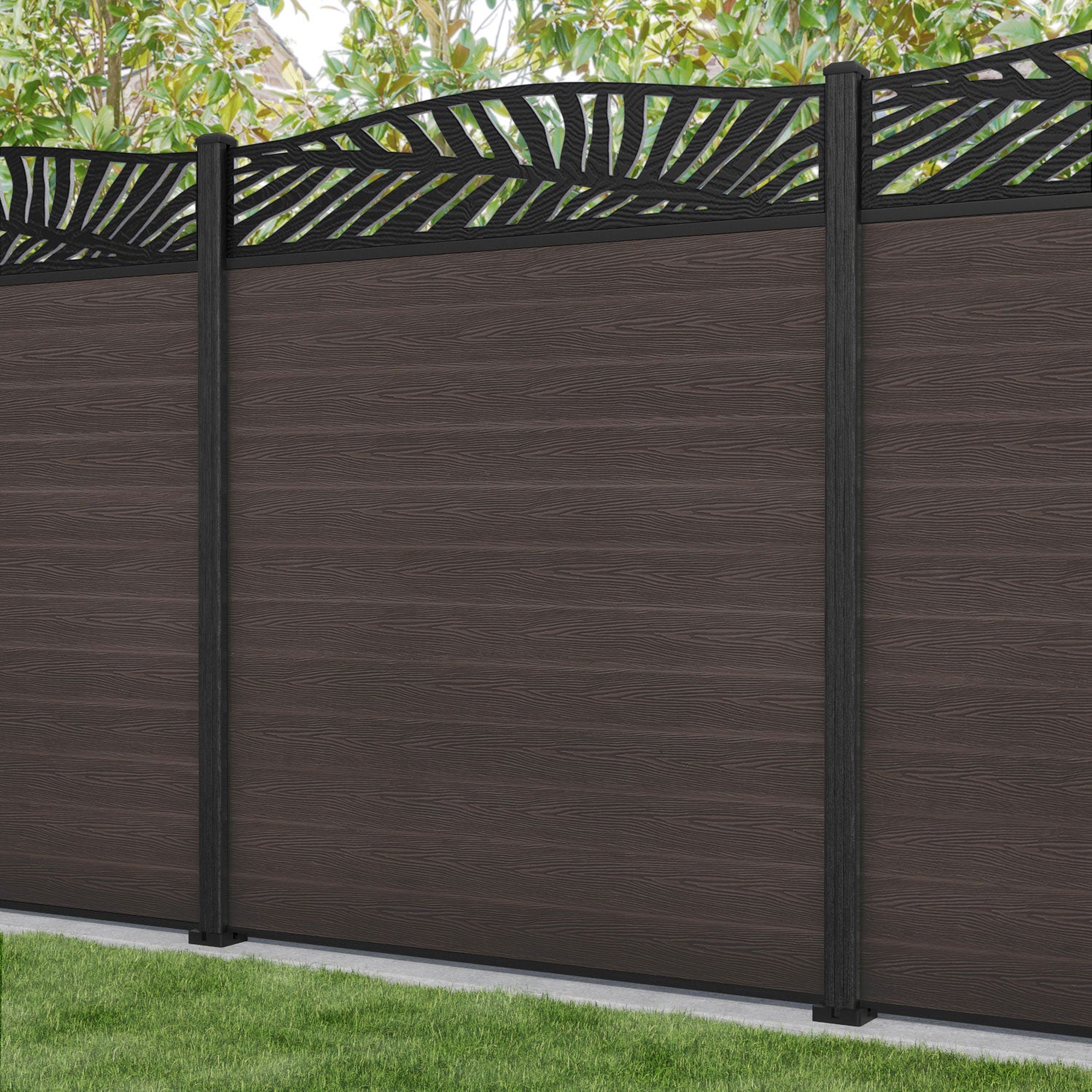 Classic Palm Curved Top Fence Panel - Mid Brown - with our composite posts
