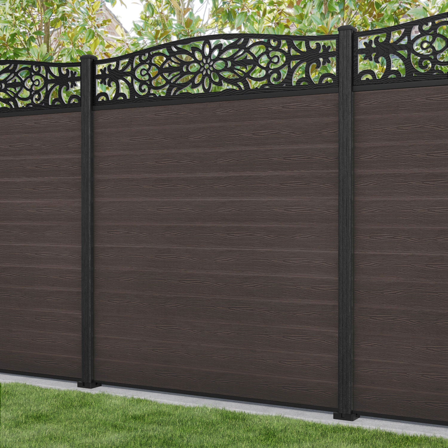 Classic Windsor Curved Top Fence Panel - Mid Brown - with our composite posts