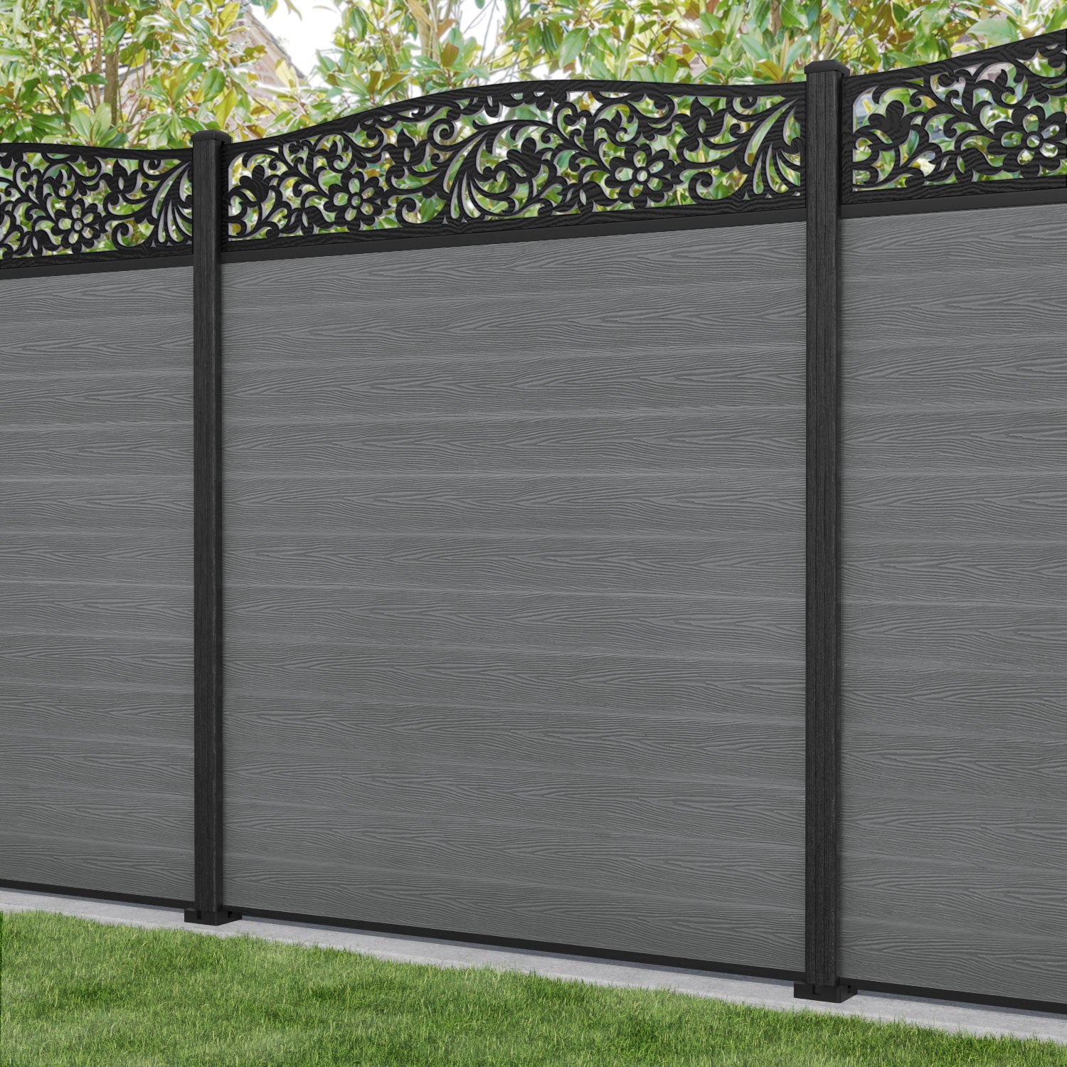 Classic Eden Curved Top Fence Panel - Mid Grey - with our composite posts