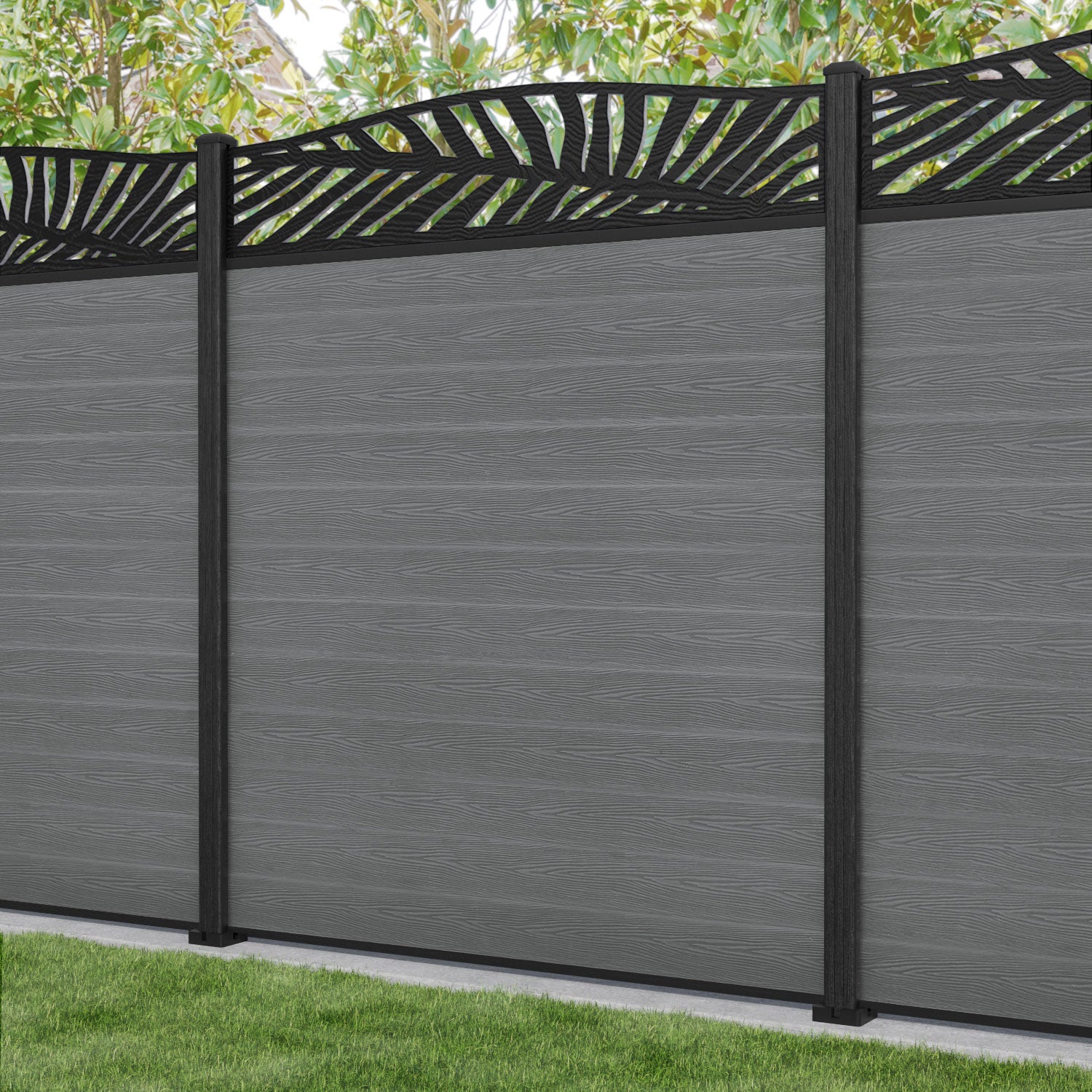 Classic Palm Curved Top Fence Panel - Mid Grey - with our composite posts
