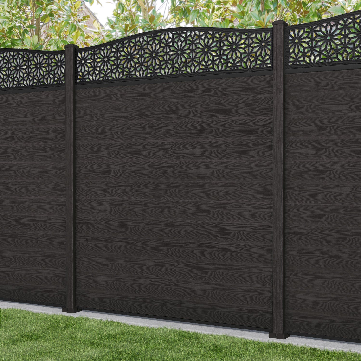 Classic Narwa Curved Top Fence Panel - Dark Oak - with our composite posts