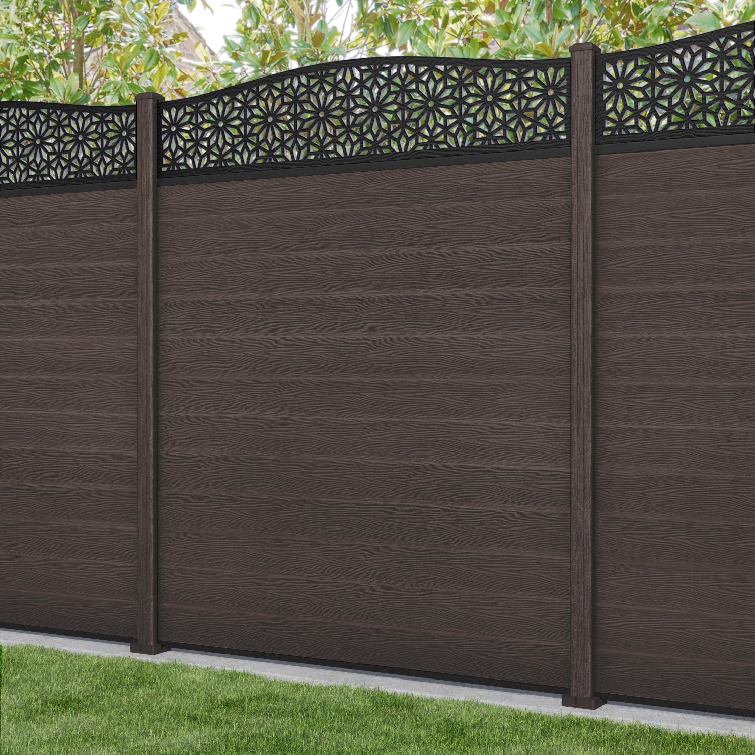 Classic Narwa Curved Top Fence Panel - Mid Brown - with our composite posts