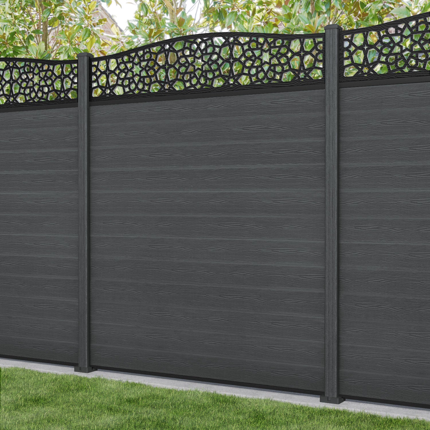 Classic Nazira Curved Top Fence Panel - Dark Grey - with our composite posts