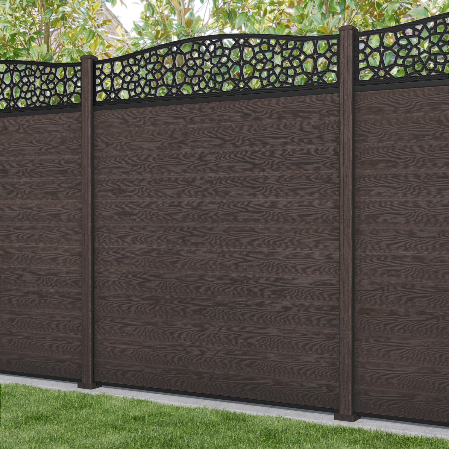 Classic Nazira Curved Top Fence Panel - Mid Brown - with our composite posts
