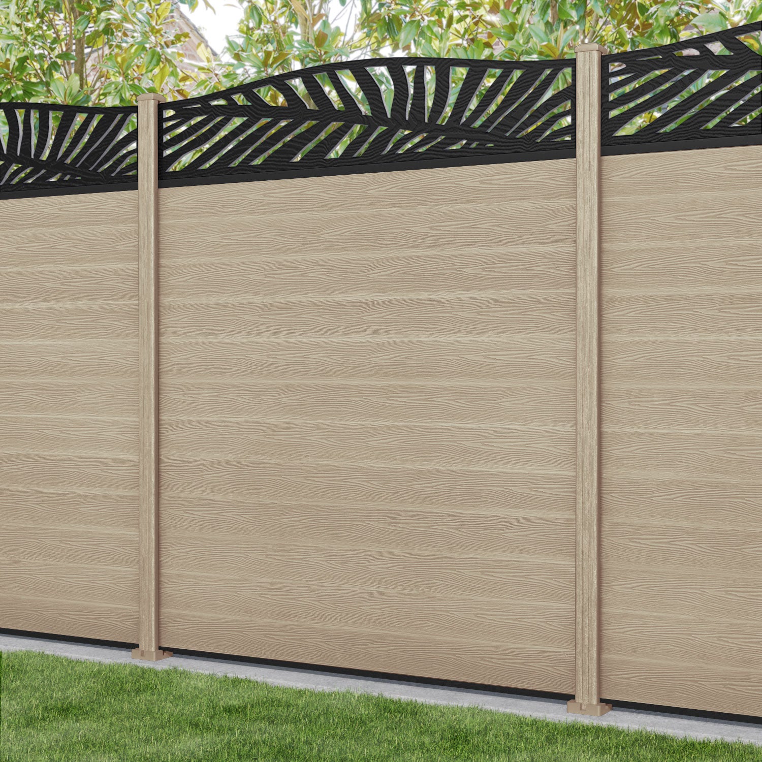 Classic Palm Curved Top Fence Panel - Light Oak - with our composite posts