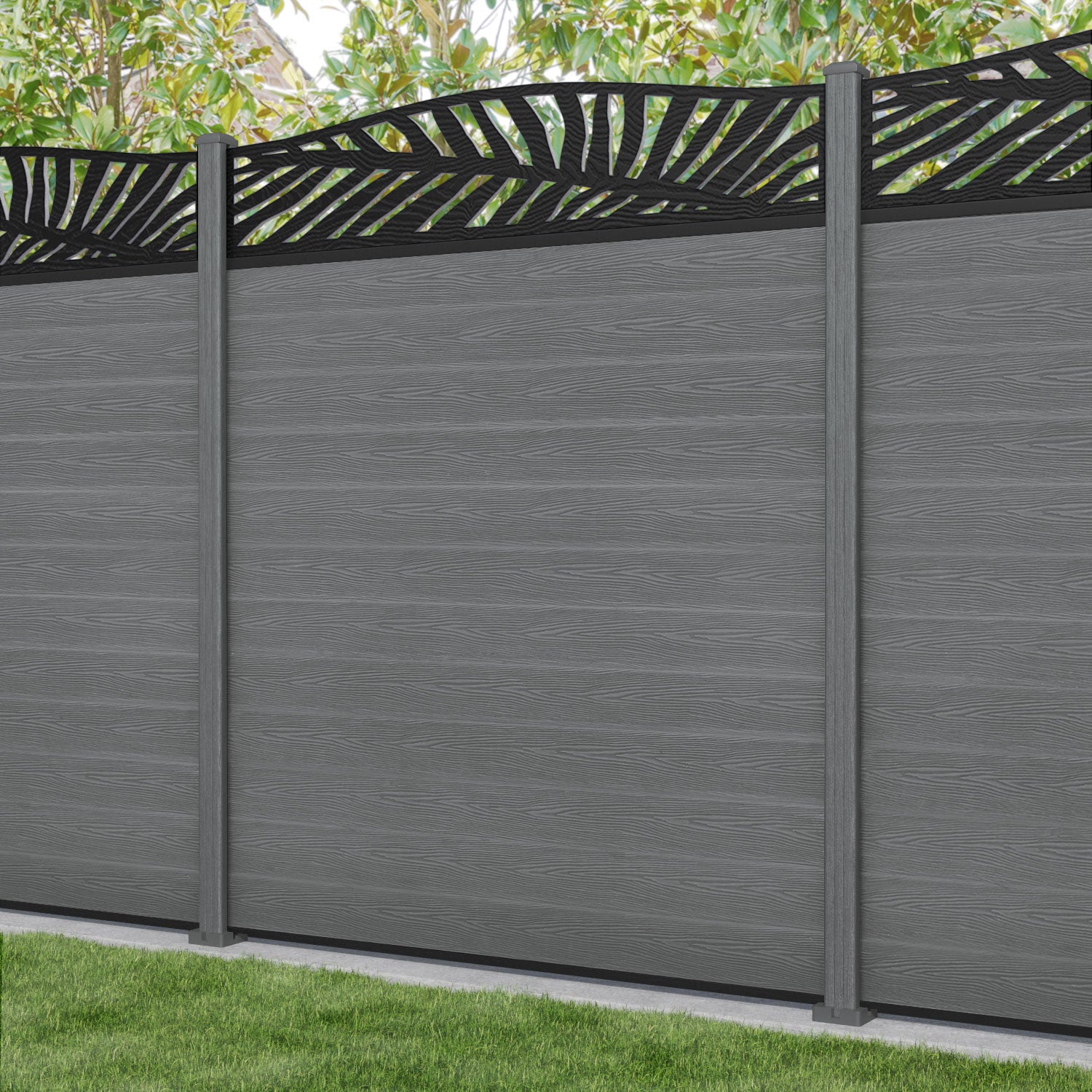 Classic Palm Curved Top Fence Panel - Mid Grey - with our composite posts