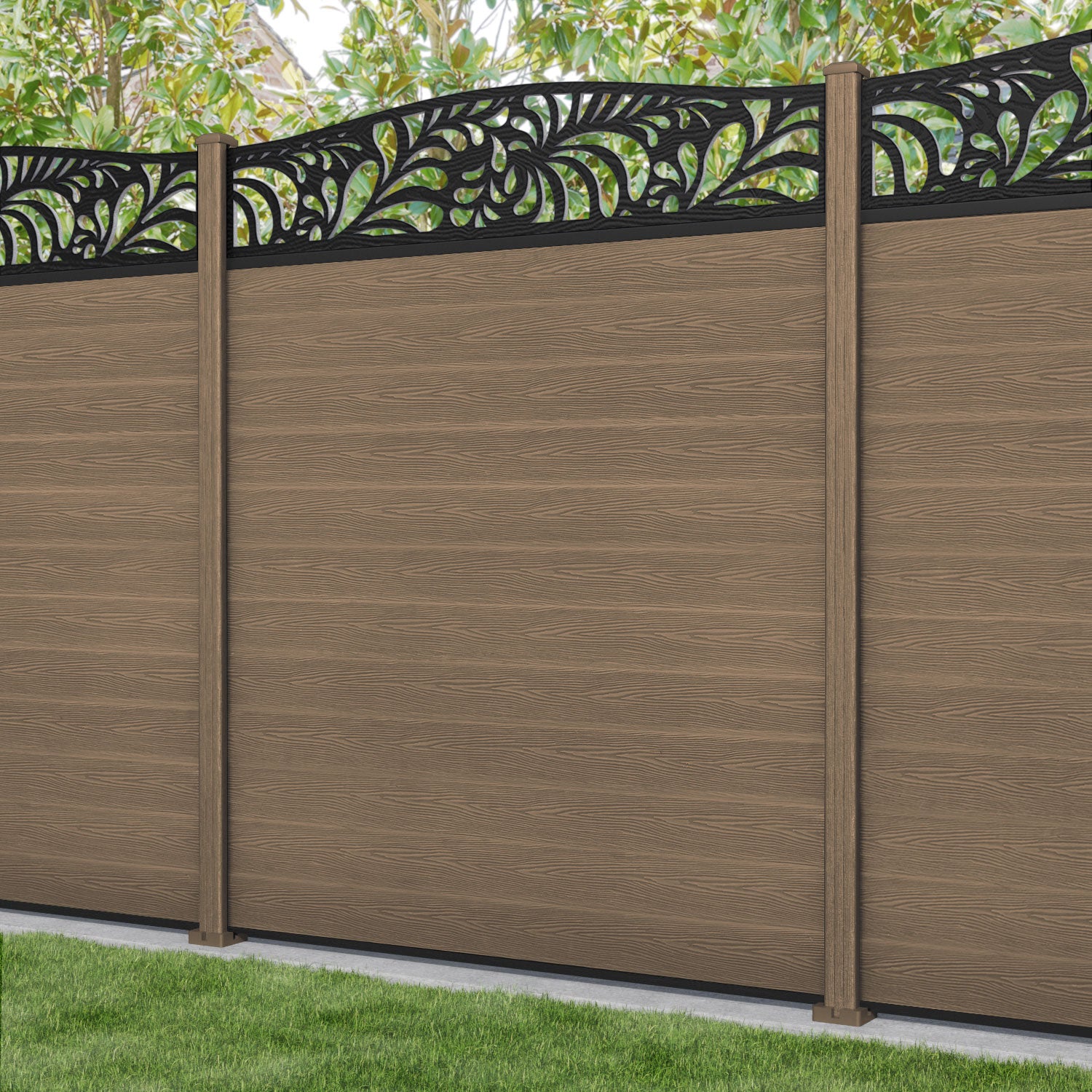 Classic Petal Curved Top Fence Panel - Teak - with our composite posts