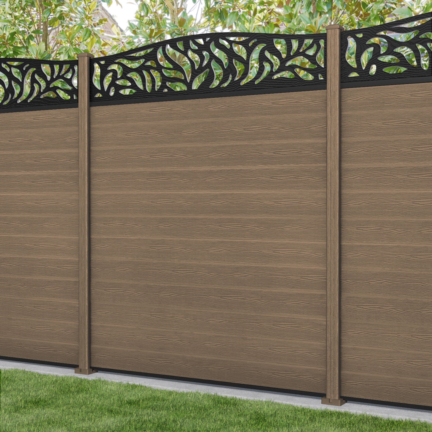Classic Plume Curved Top Fence Panel - Teak - with our composite posts