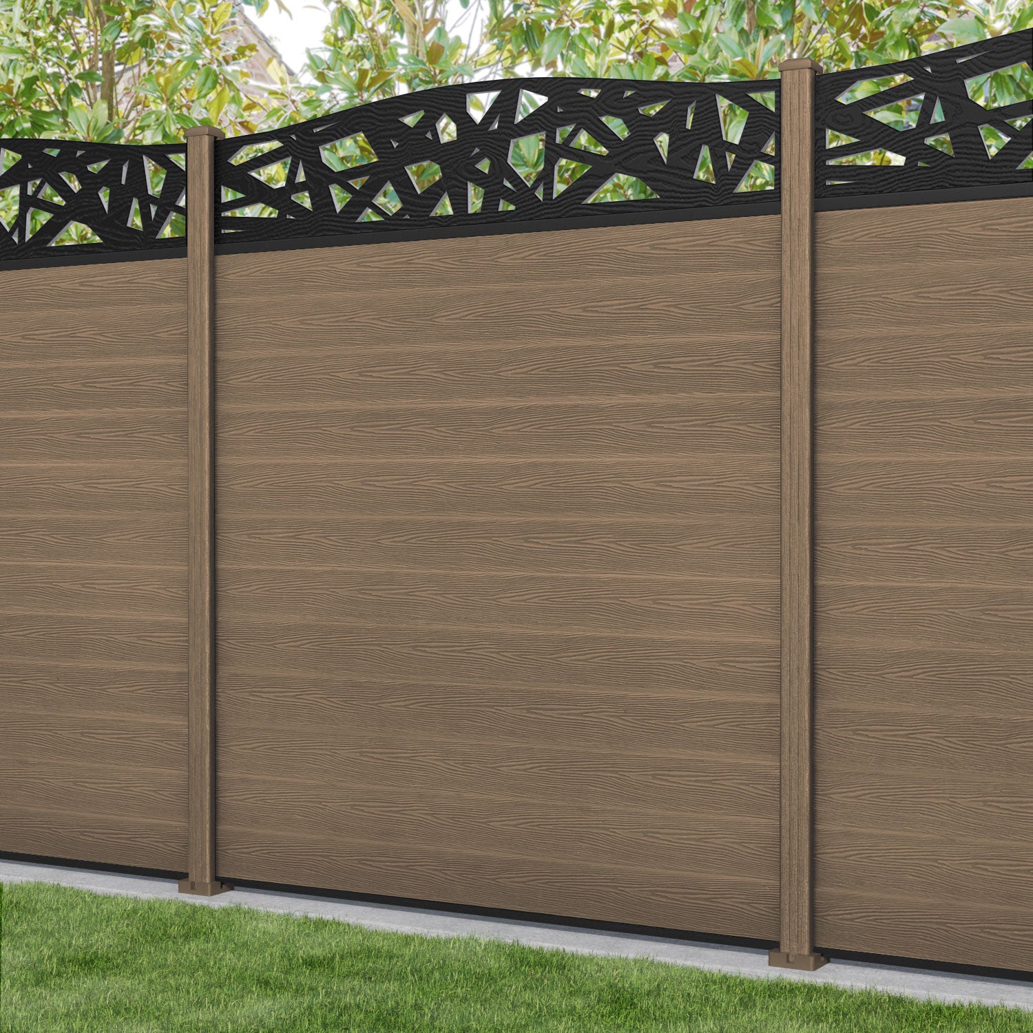 Classic Prism Curved Top Fence Panel - Teak - with our composite posts