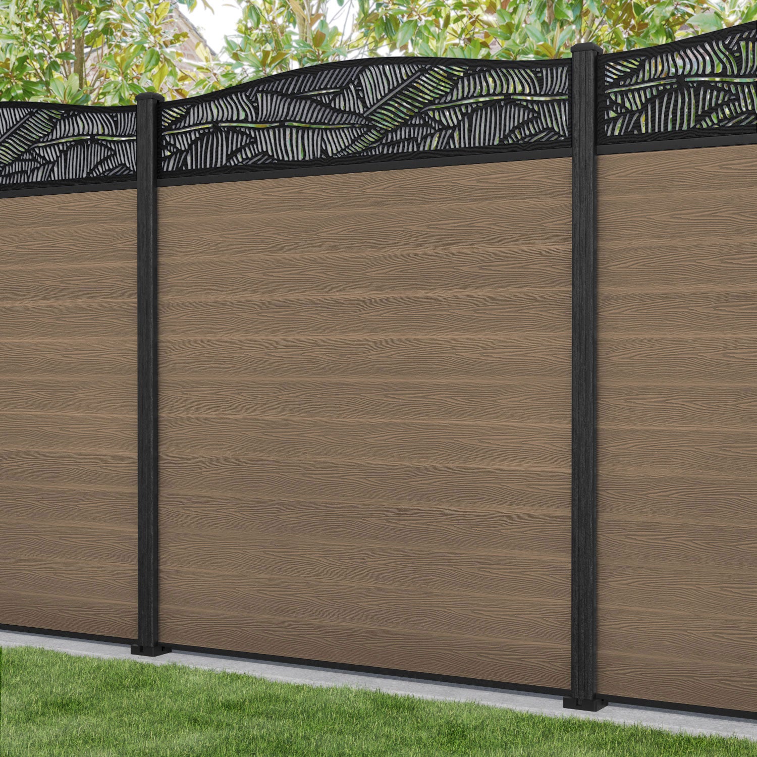 Classic Feather Curved Top Fence Panel - Teak - with our composite posts