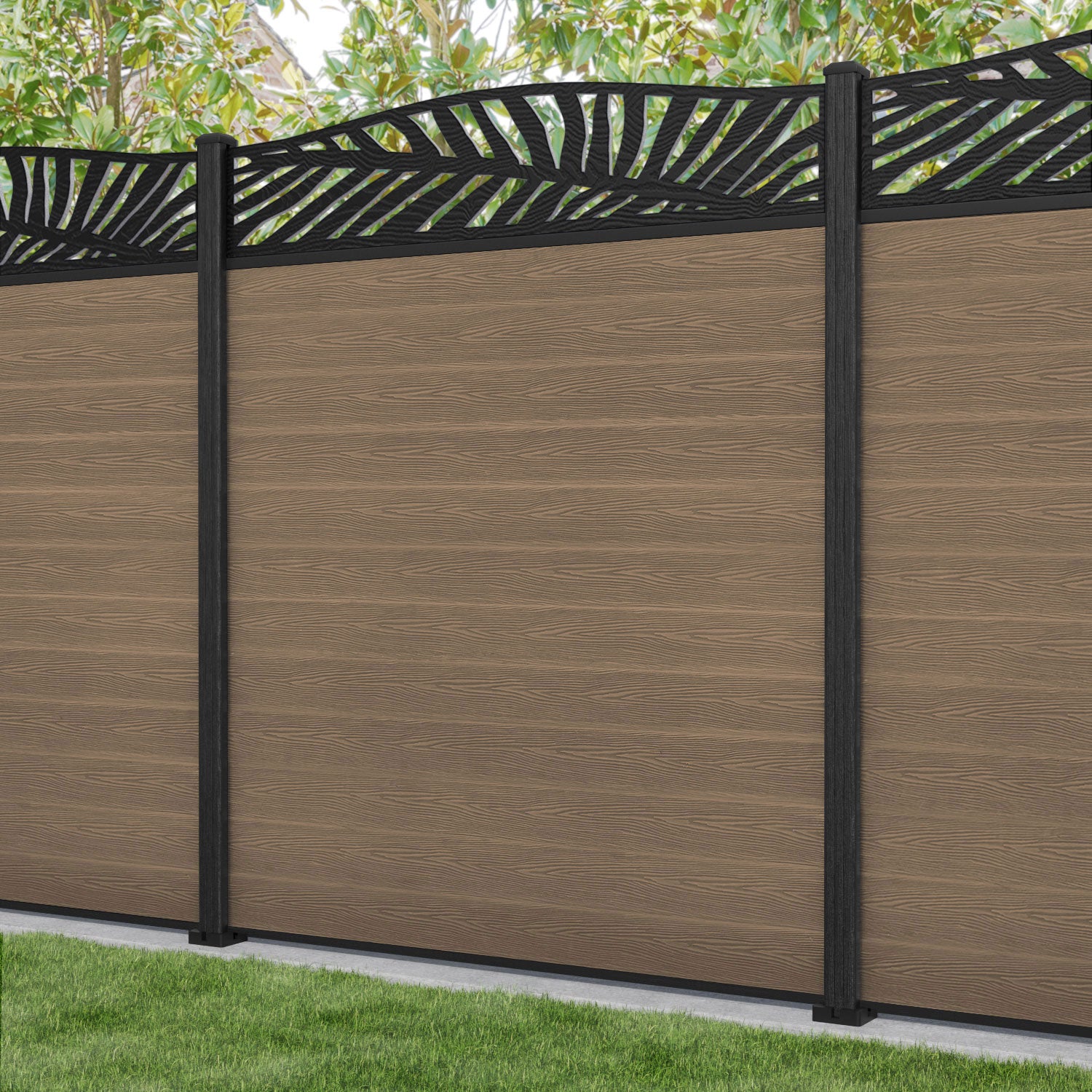 Classic Palm Curved Top Fence Panel - Teak - with our composite posts