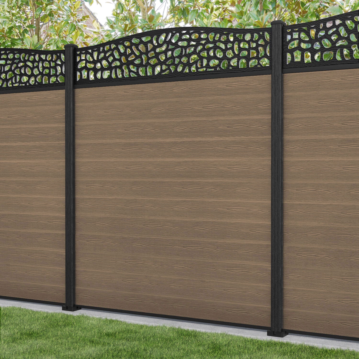 Classic Pebble Curved Top Fence Panel - Teak - with our composite posts