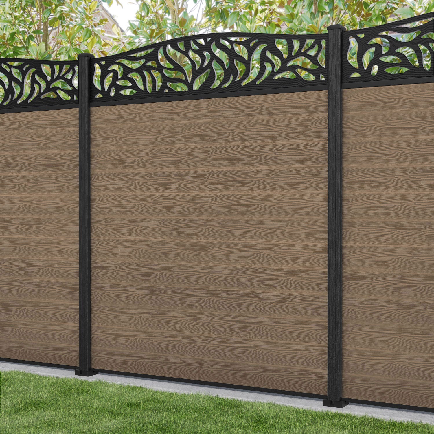 Classic Plume Curved Top Fence Panel - Teak - with our composite posts
