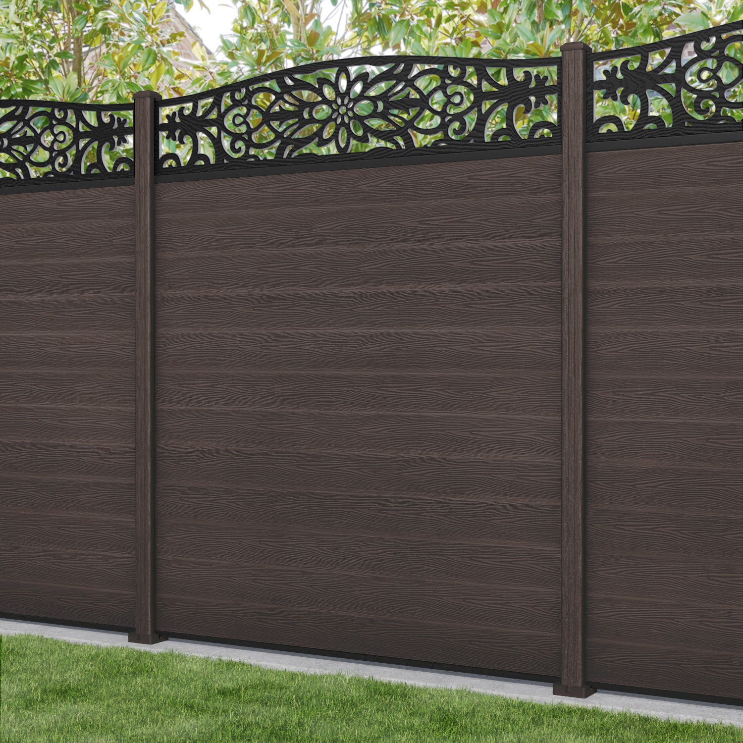 Classic Windsor Curved Top Fence Panel - Mid Brown - with our composite posts