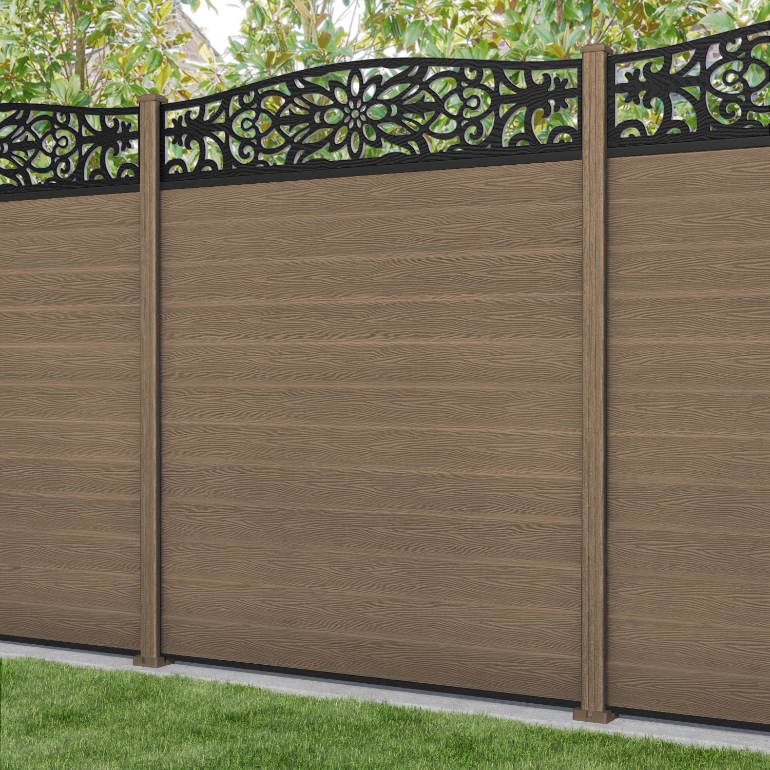 Classic Windsor Curved Top Fence Panel - Teak - with our composite posts