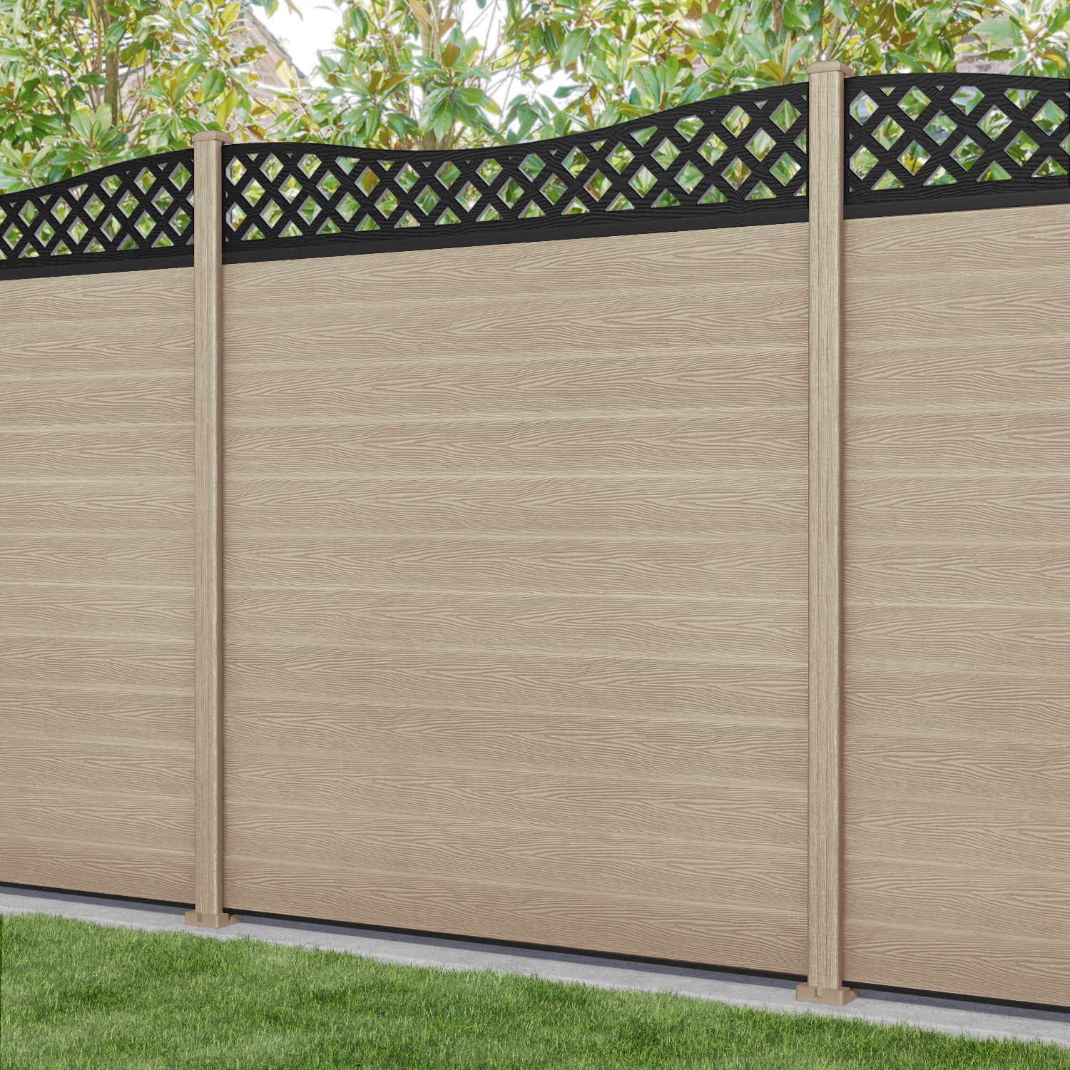 Classic Low Wave Fence Panel - Light Oak - with our composite posts