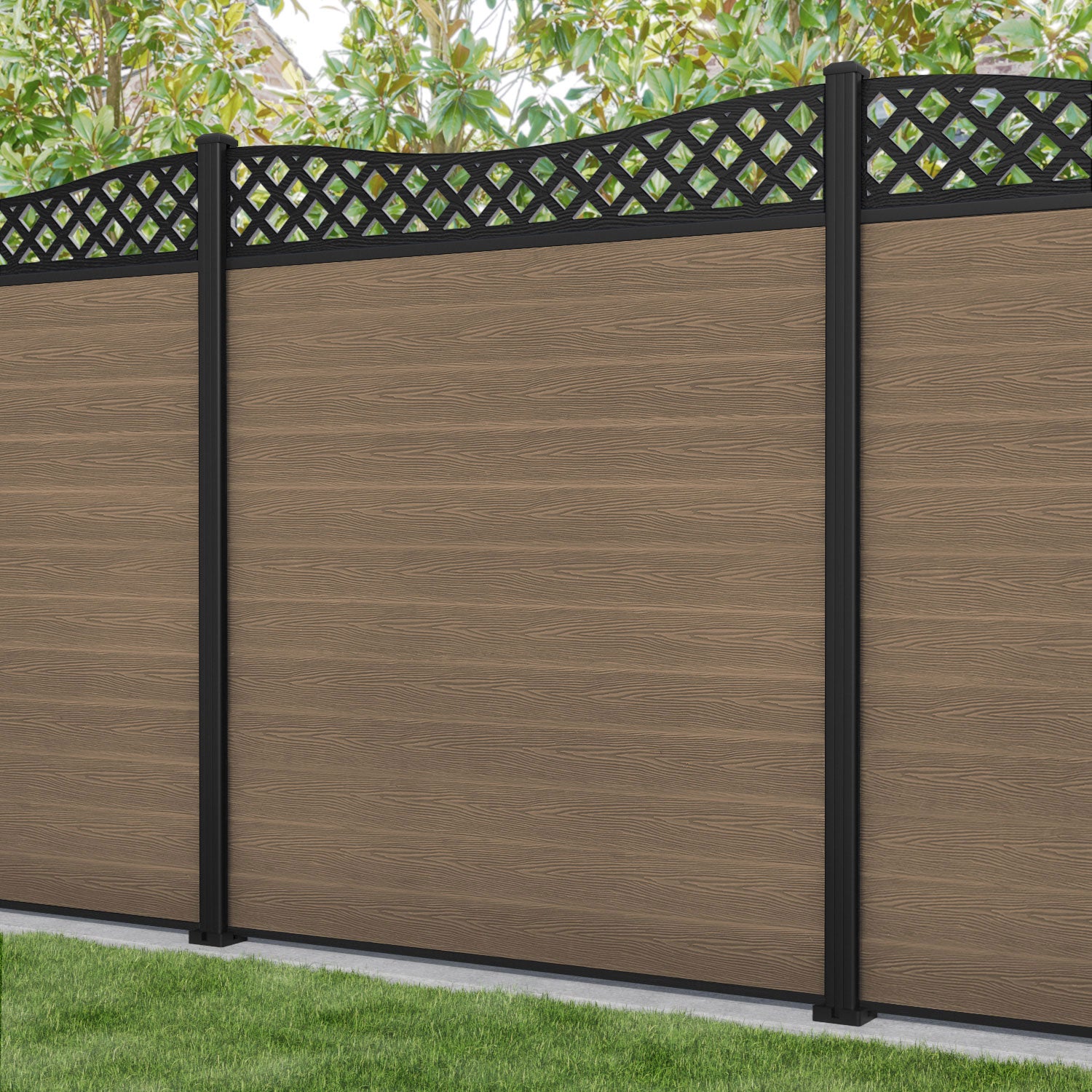 Classic Low Wave Fence Panel - Teak - with our aluminium posts