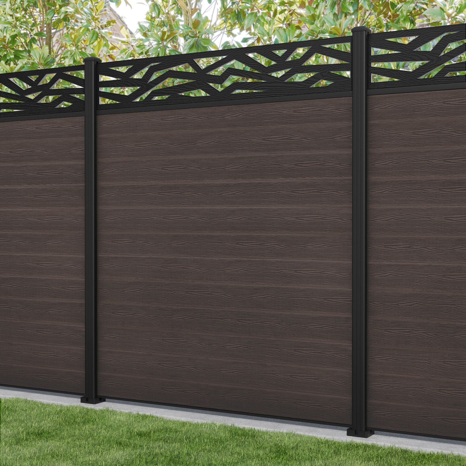 Classic Zenith Fence Panel - Mid Brown - with our aluminium posts