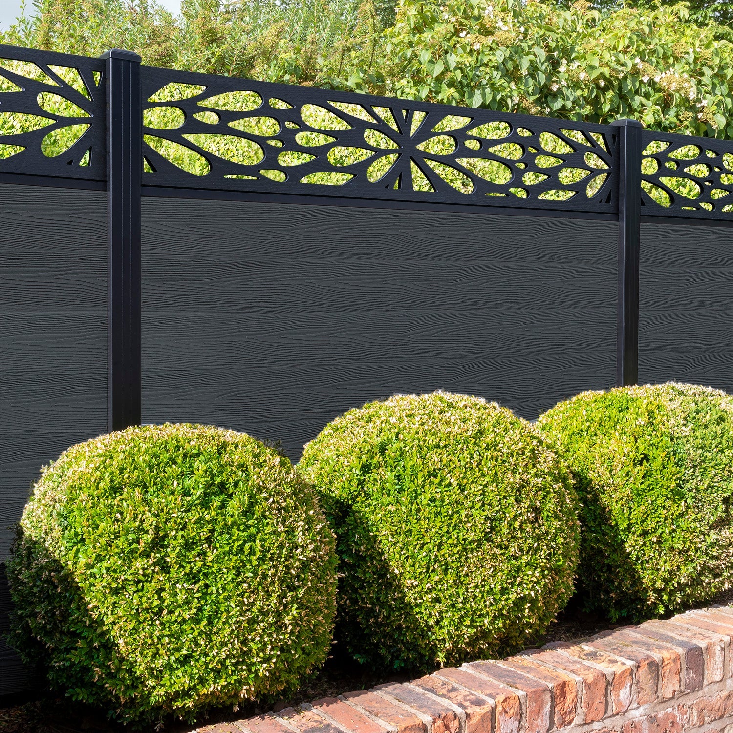 Classic Blossom Fence Panel - Dark Grey - with our aluminium posts