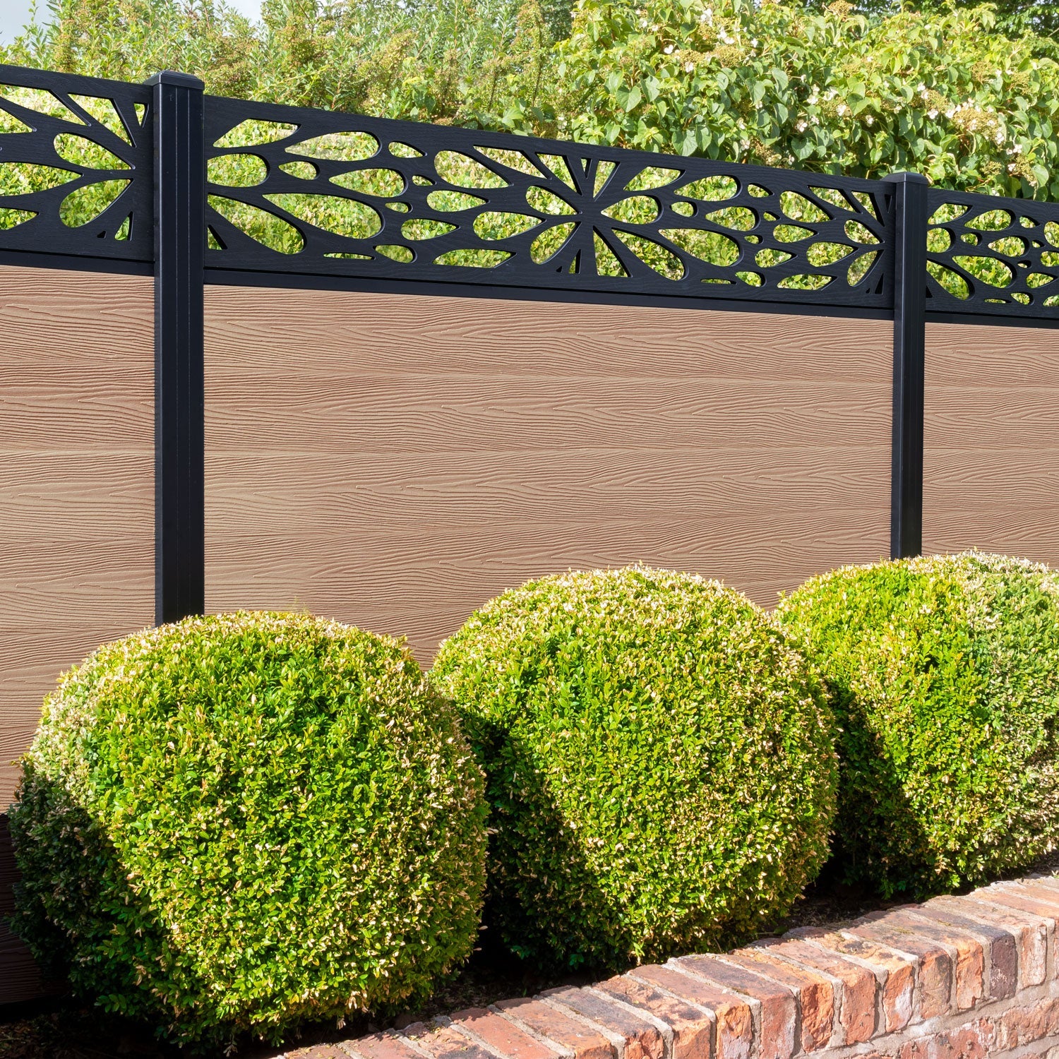 Classic Blossom Fence Panel - Light Oak - with our aluminium posts