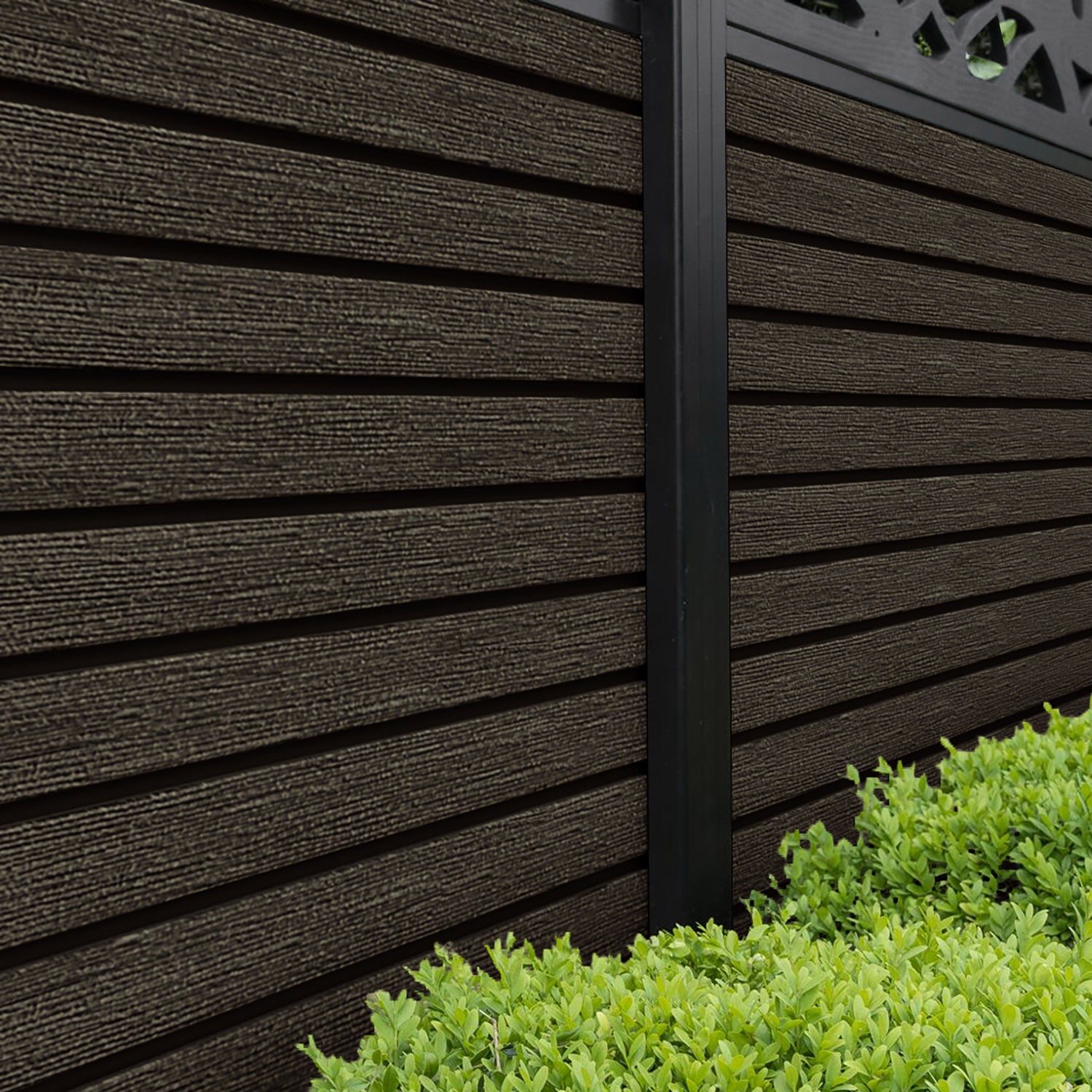 Hudson Feather Curved Top Fence Panel - Dark Oak - with our aluminium posts