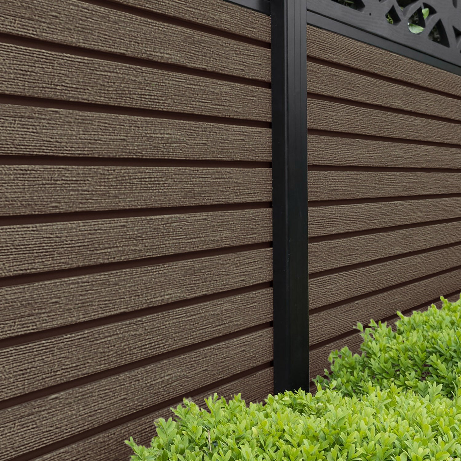 Hudson Cubed Curved Top Fence Panel - Mid Brown - with our aluminium posts