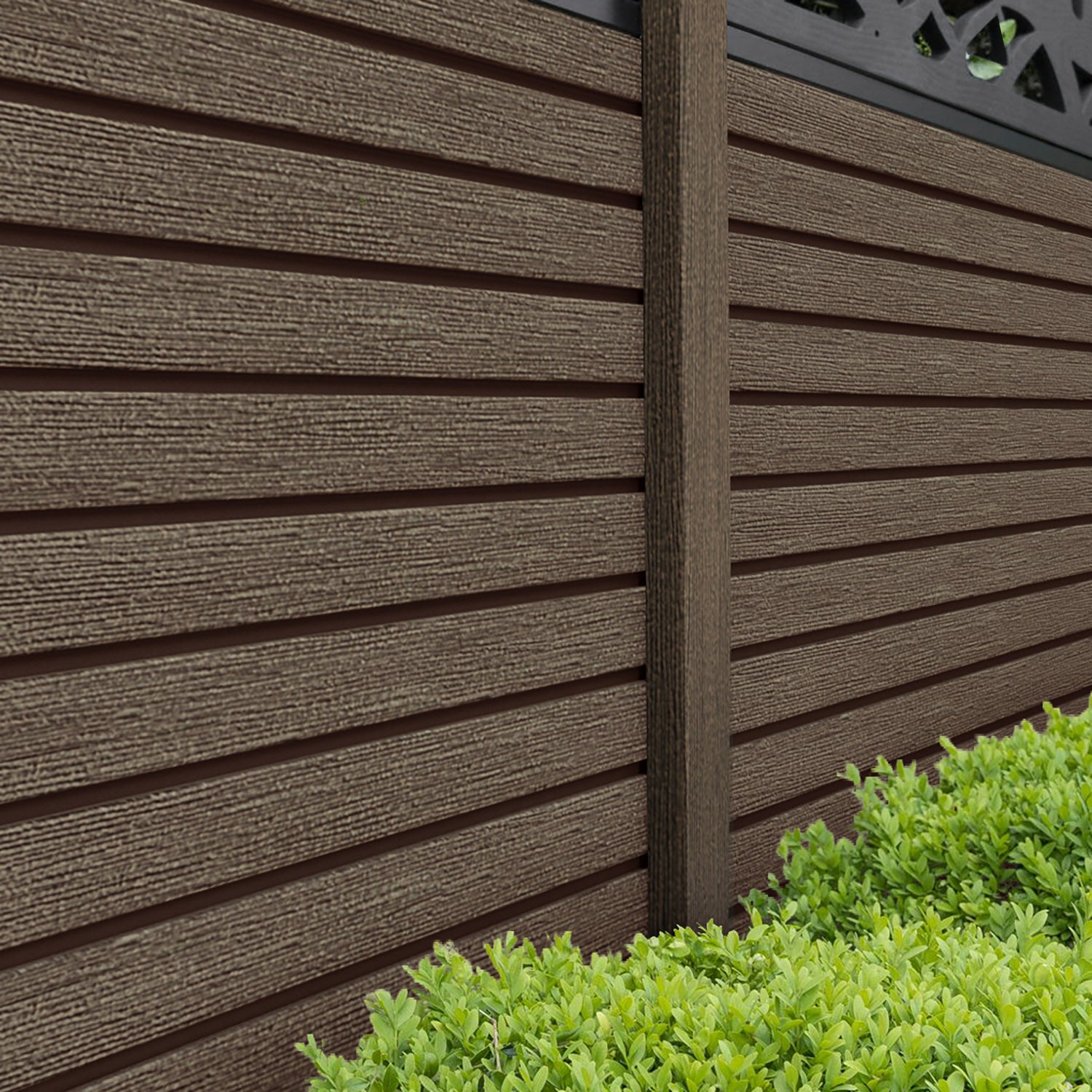 Hudson Narwa Curved Top Fence Panel - Mid Brown - with our composite posts