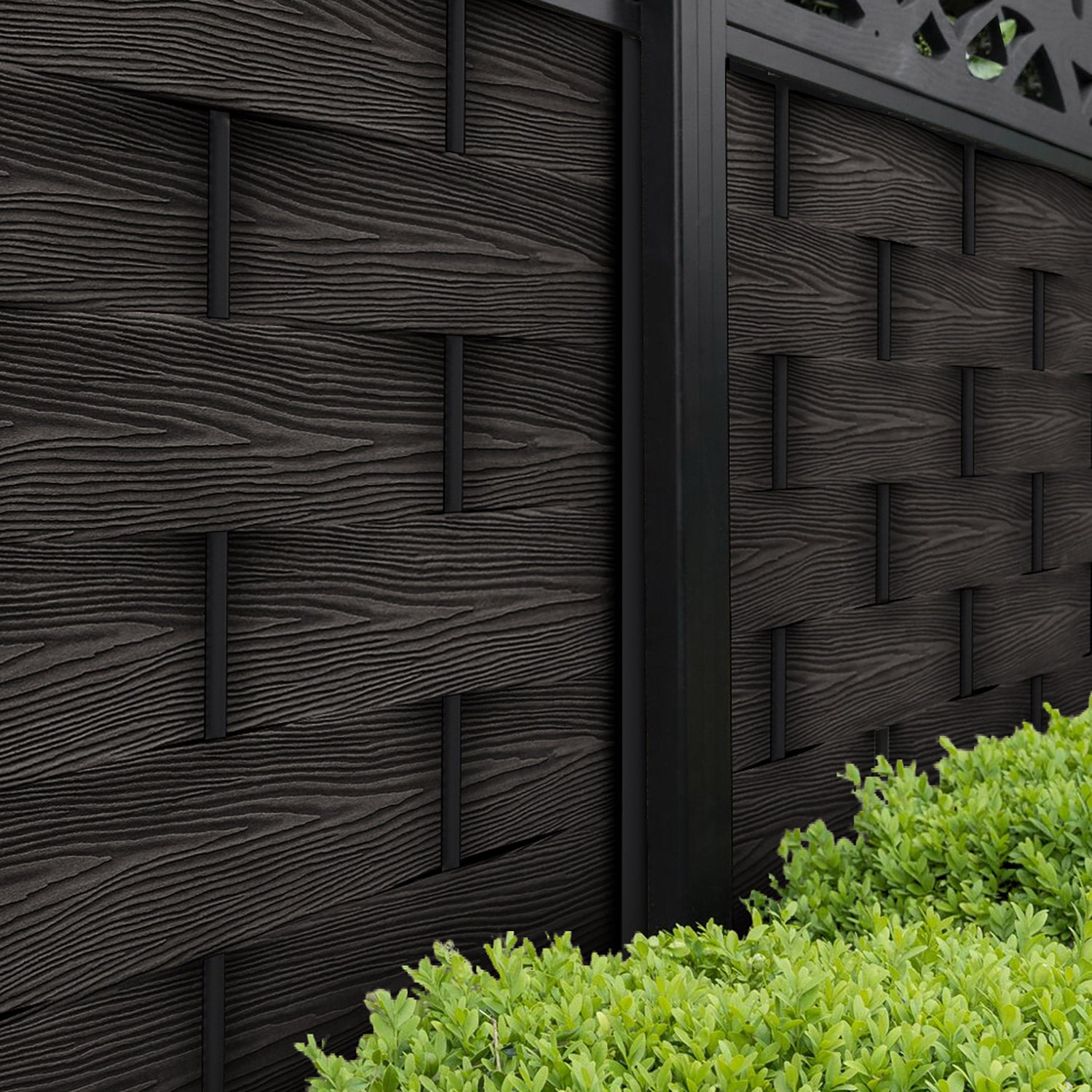 Ripple Hive Fence Panel - Dark Oak - with our aluminium posts