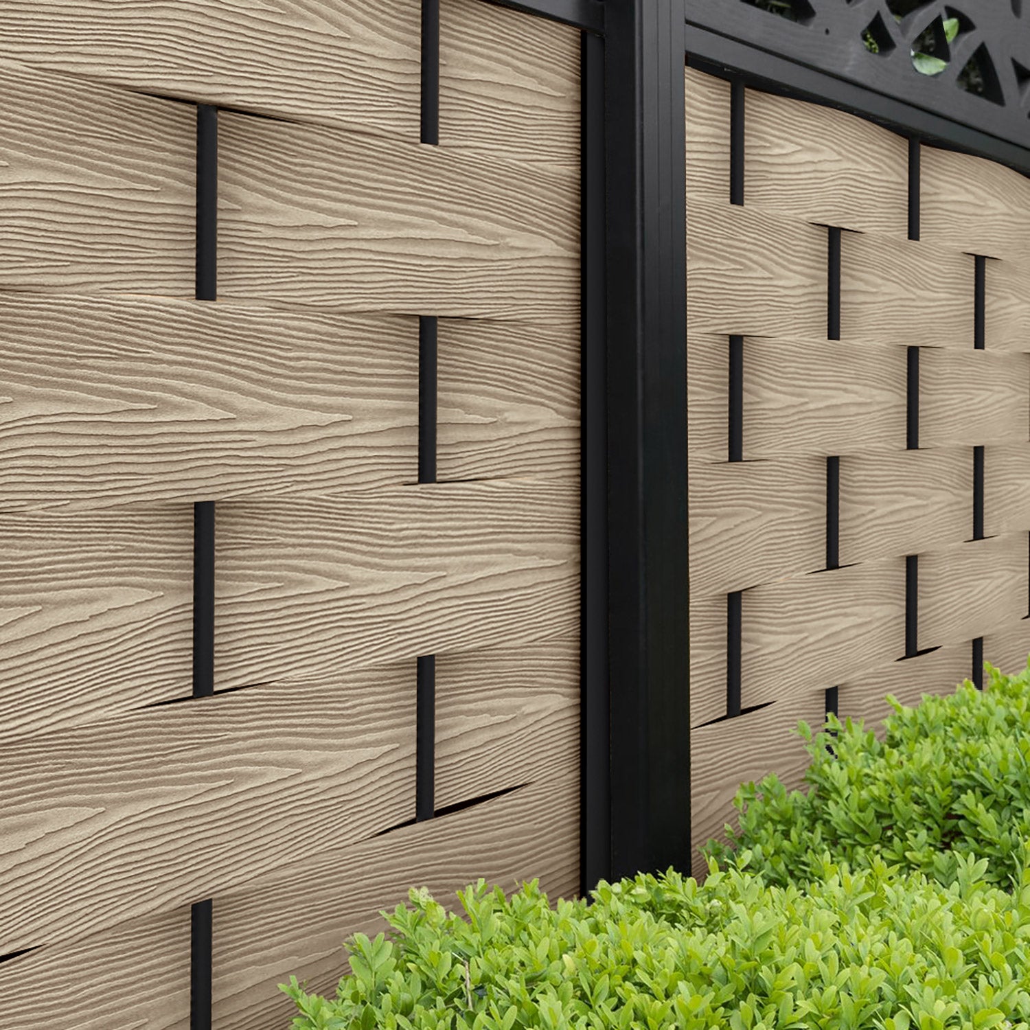 Ripple Prism Fence Panel - Light Oak - with our aluminium posts