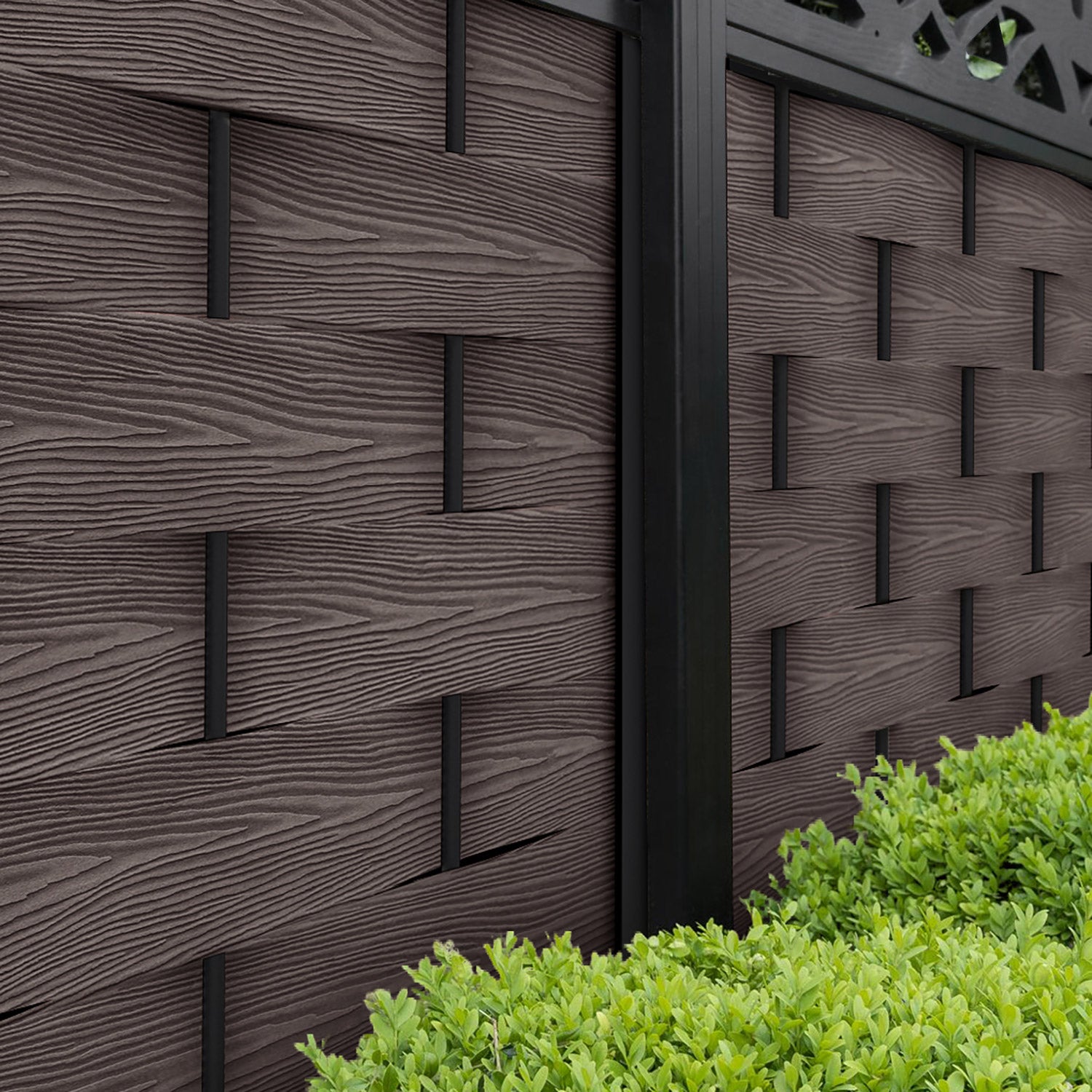 Ripple High Wave Fence Panel - Mid Brown - with our aluminium posts