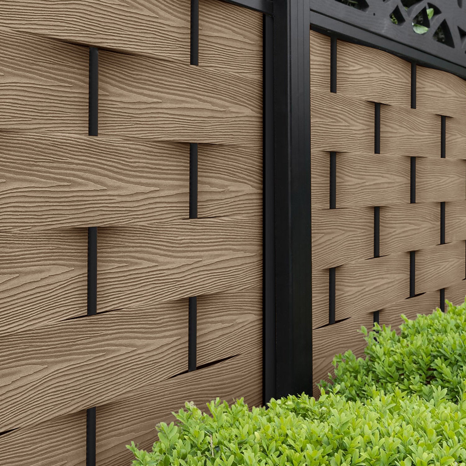 Ripple Alnara Curved Top Fence Panel - Teak - with our aluminium posts